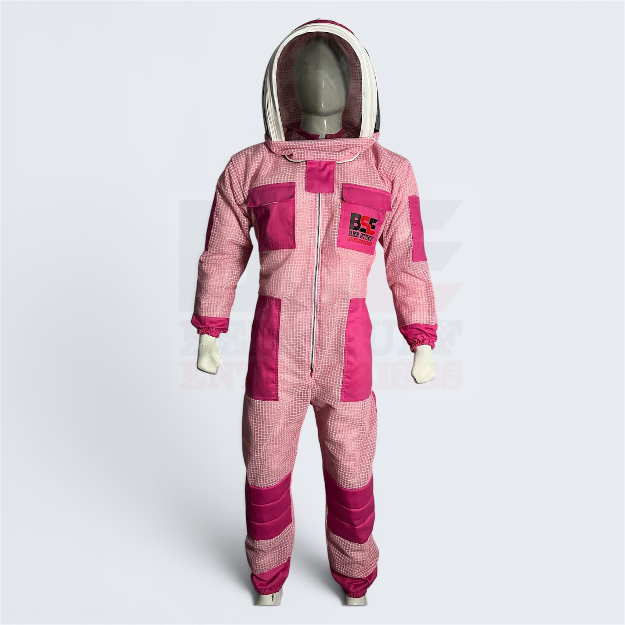 BSE Pink 3-Layer Ventilated Beekeeping Suit with Front-Opening Veil & Knee Pads